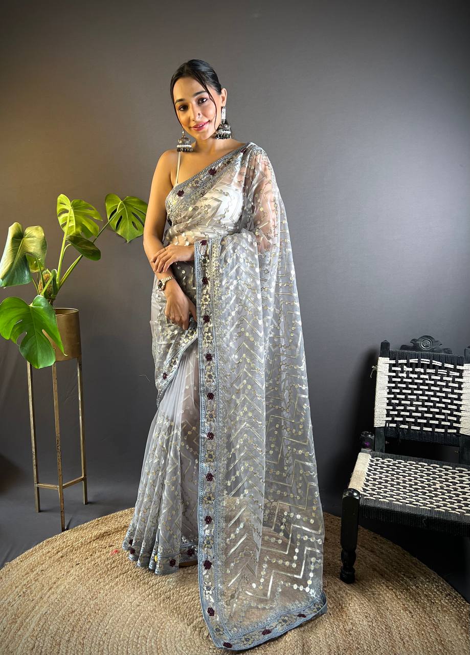 Butterfly Net saree, meticulously crafted with designer chain stitch embroidery