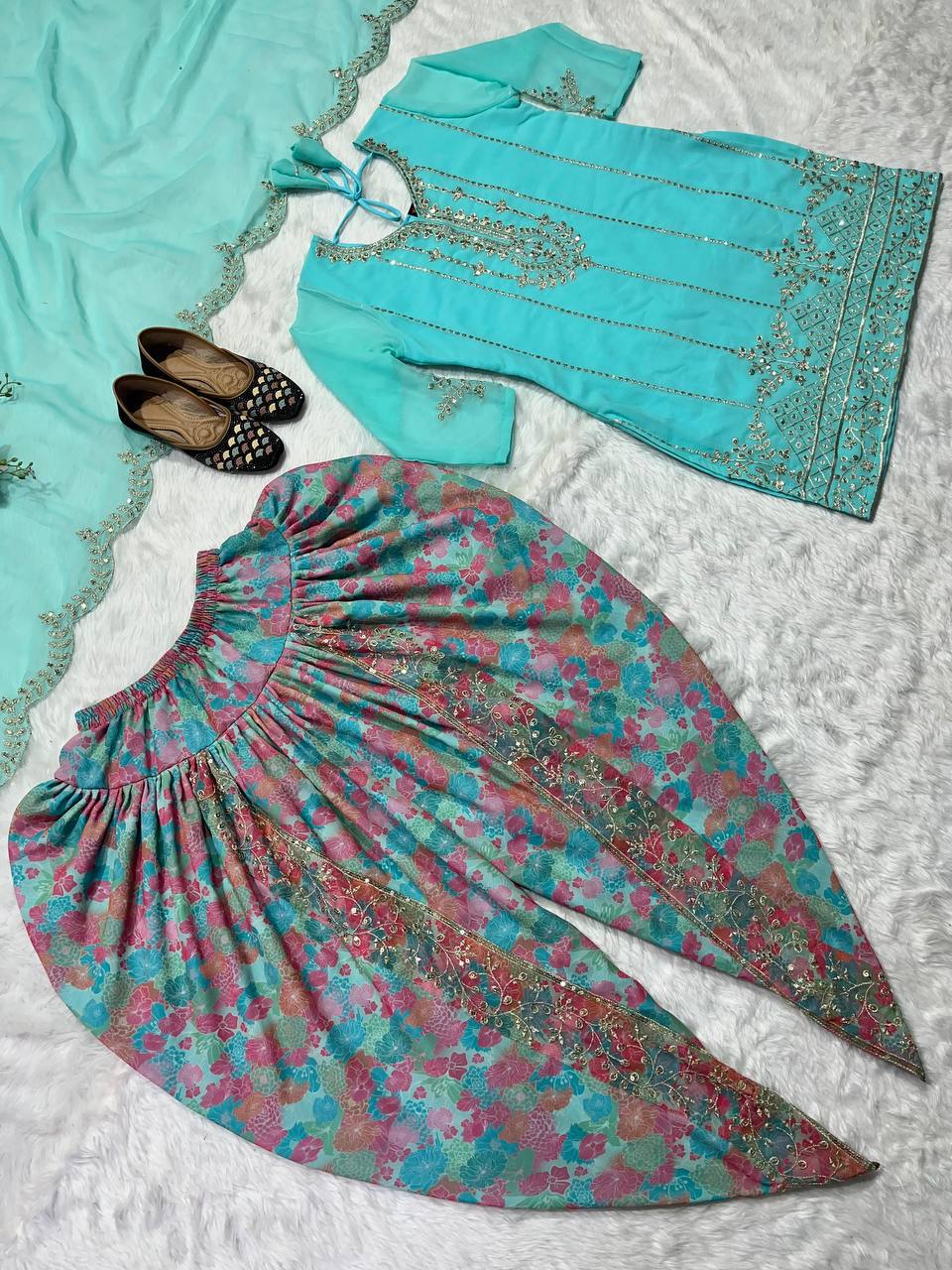 Faux georgette Top Dhoti Salwar Dupatta Set