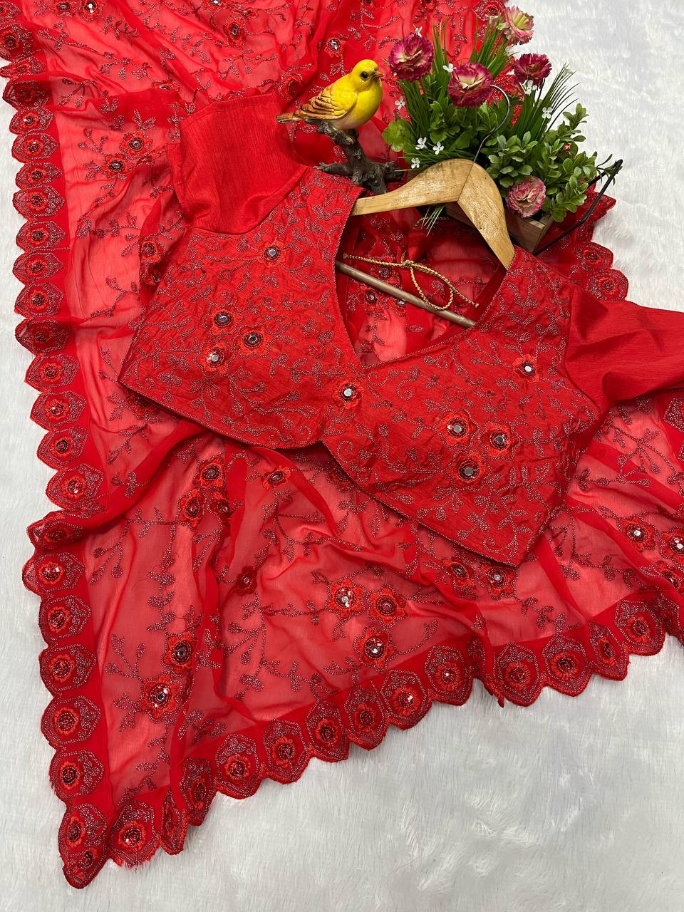  Faux Georgette Saree featuring designer Jari Dori and intricate thread embroidery