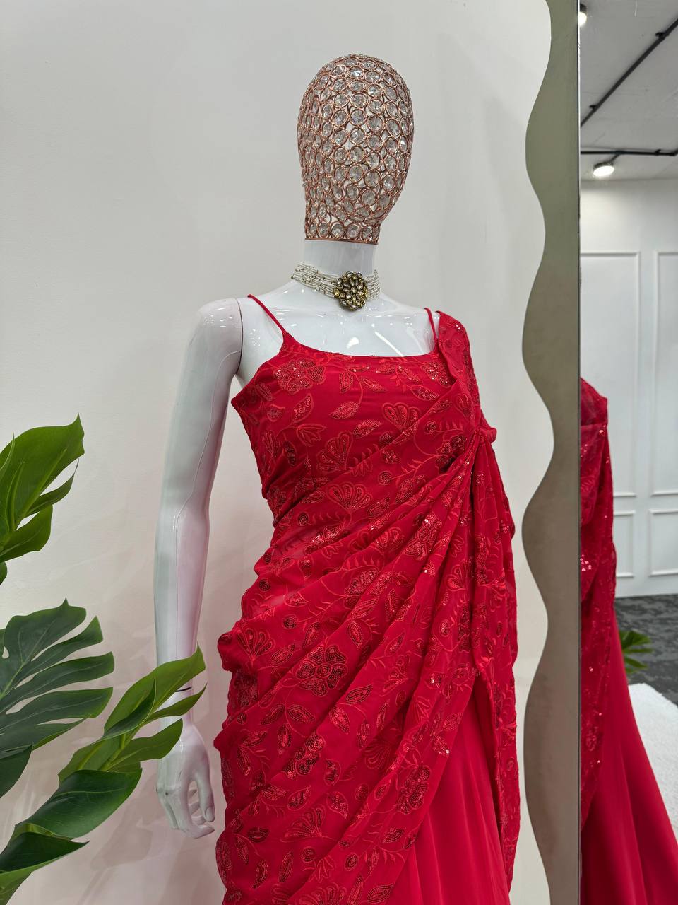  Red faux georgette Ready-to-wear Lehenga Saree