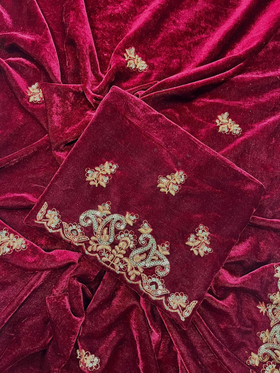 Velvet Saree showcasing opulent designer sequence and Jari thread embroidery