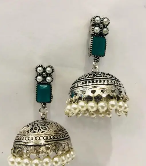 Beautiful Oxidise Silver Green Stone Jhumka For Girl And Women
