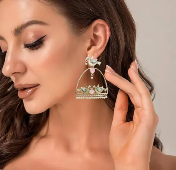 Ethnic Silver Plated Kundan Bird Earring