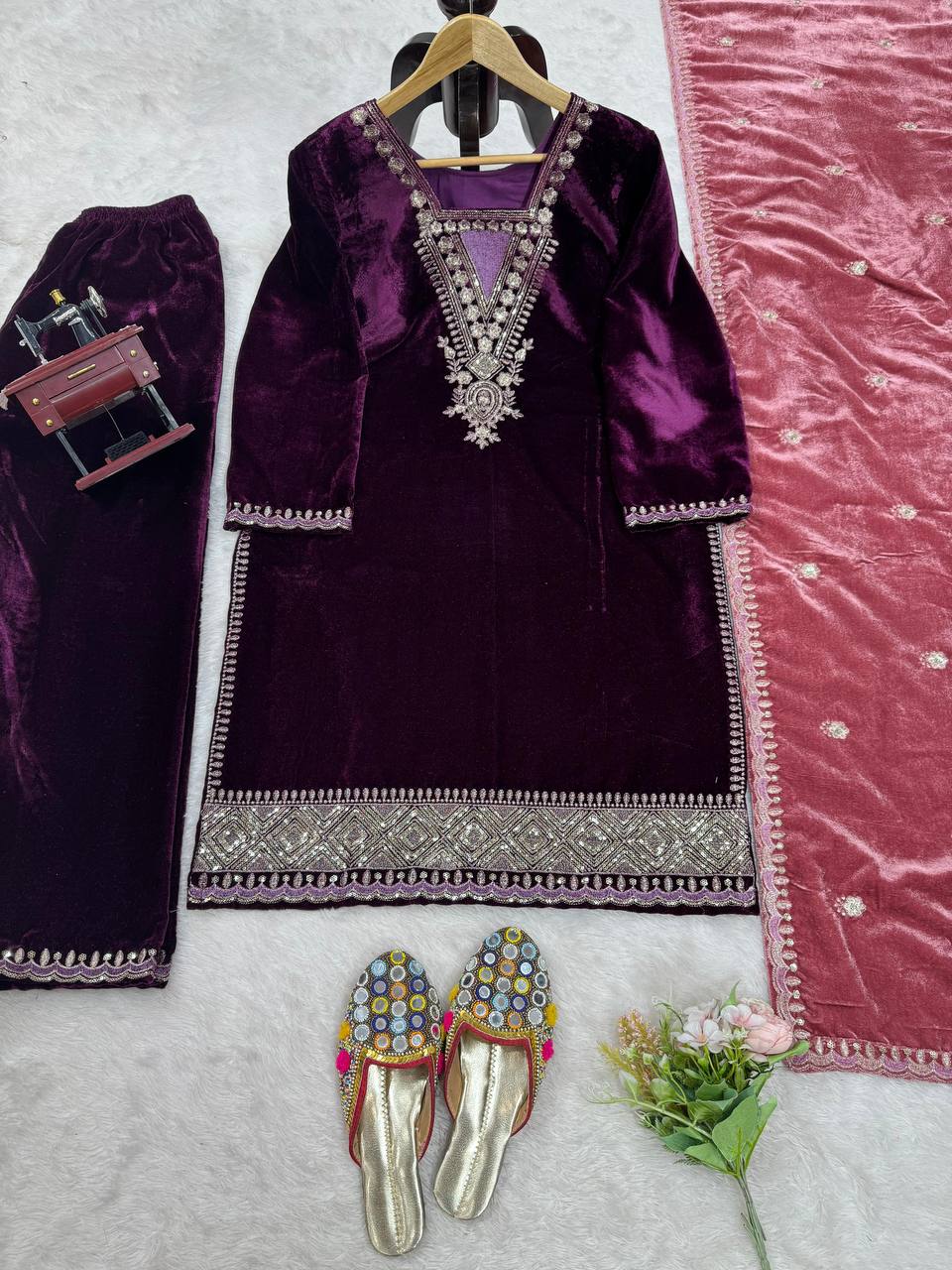  luxurious viscose velvet top pent dupatta set