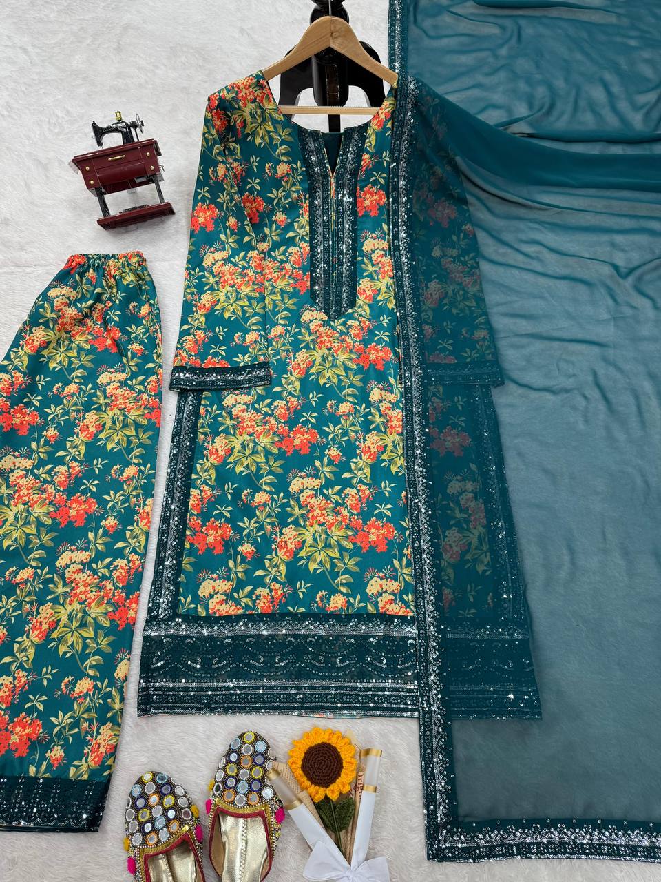  luxurious three-piece ensemble featuring a French silk top and pantwith dupatta