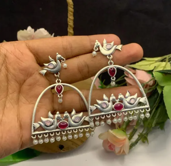 Ethnic Silver Plated Kundan Bird Earring