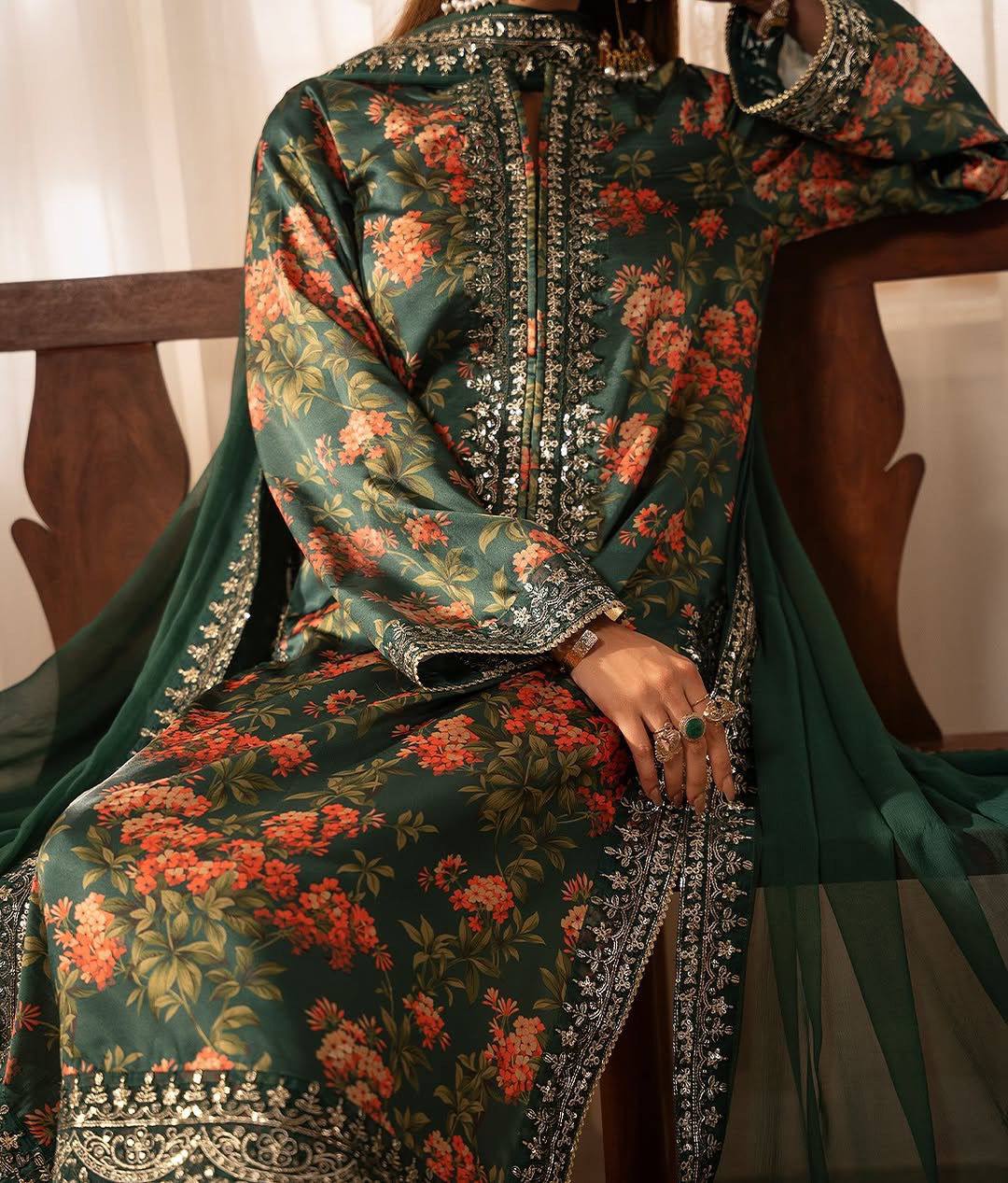  luxurious three-piece ensemble featuring a French silk top and pantwith dupatta