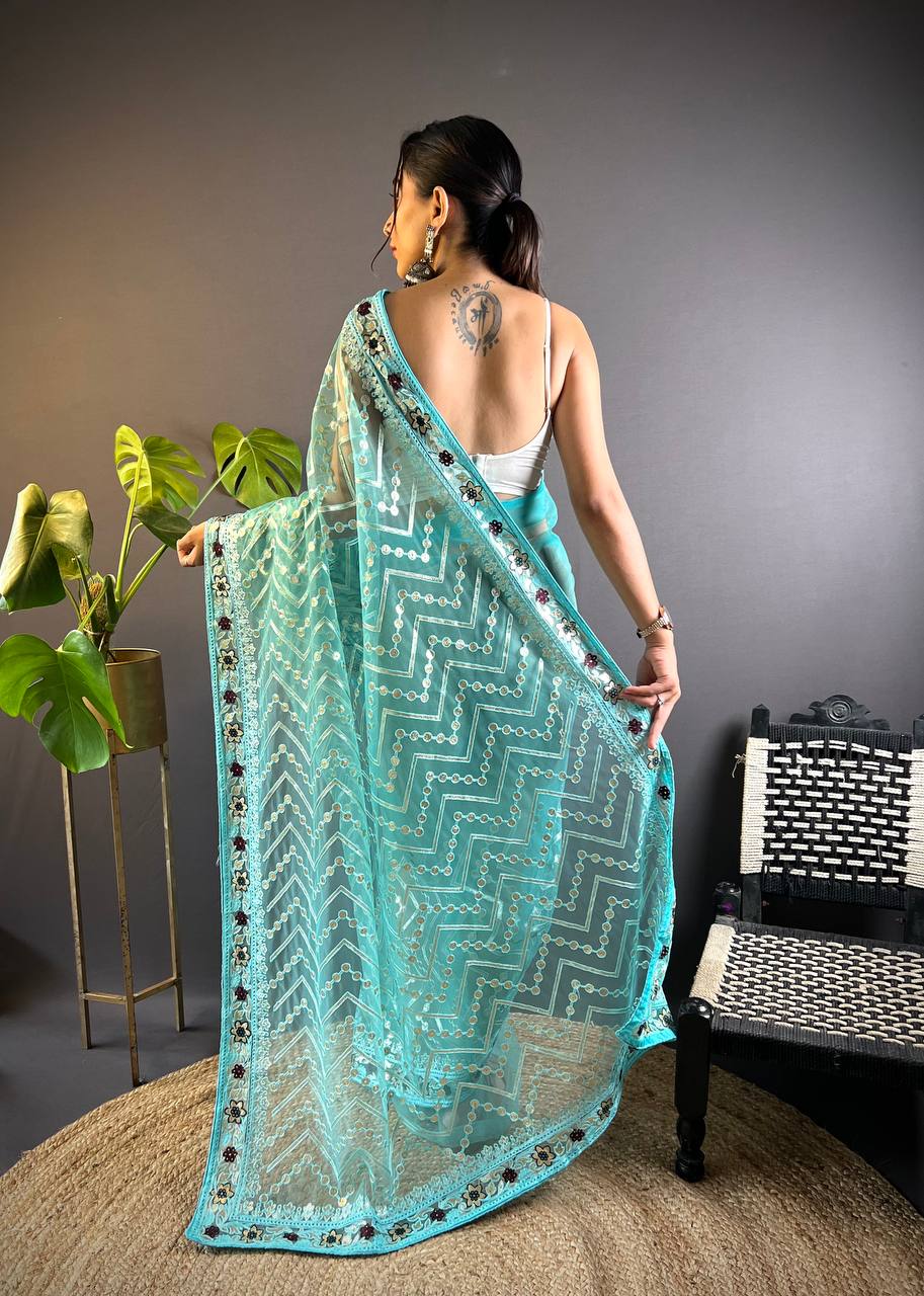 Butterfly Net saree, meticulously crafted with designer chain stitch embroidery