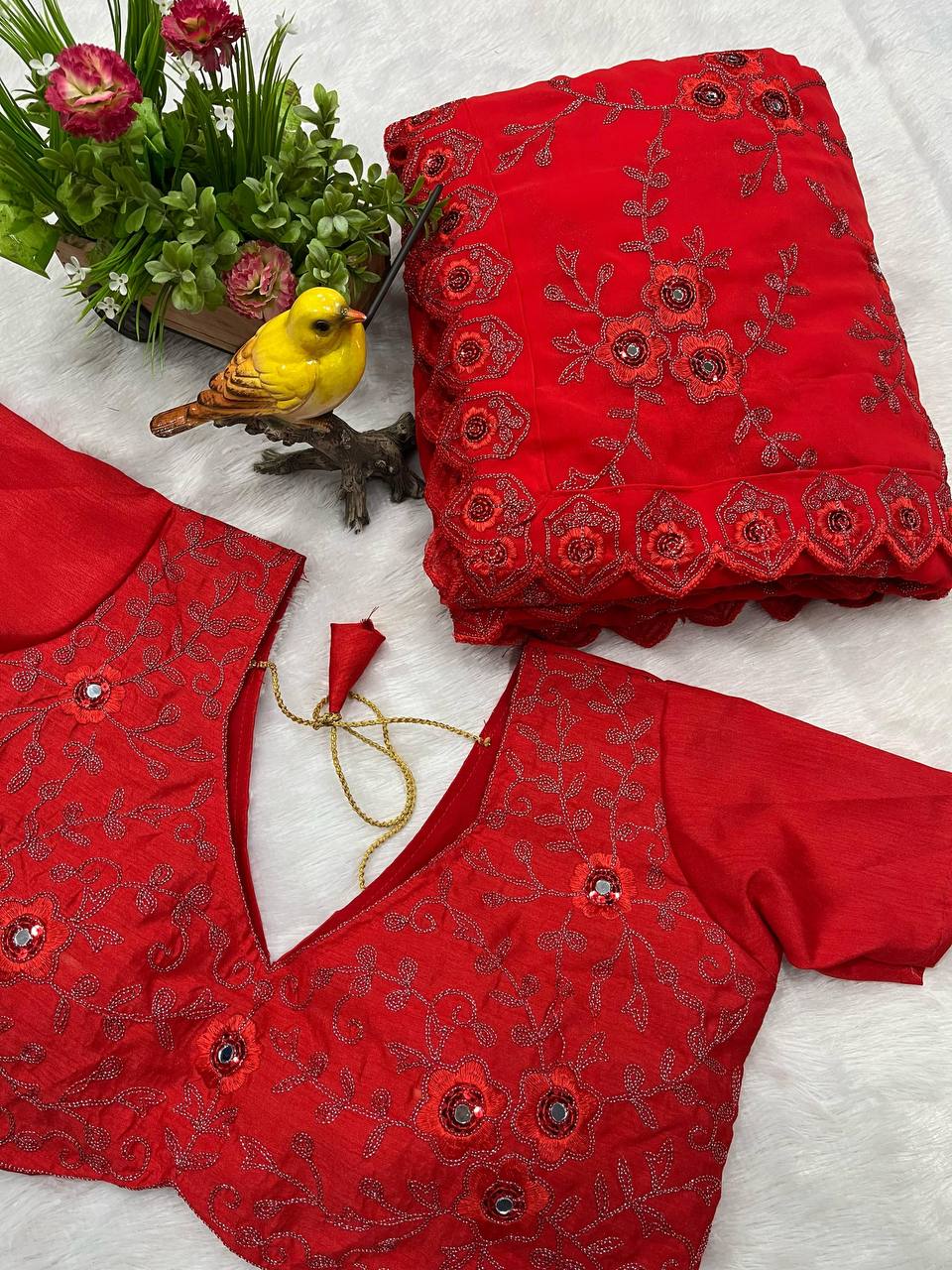  Faux Georgette Saree featuring designer Jari Dori and intricate thread embroidery