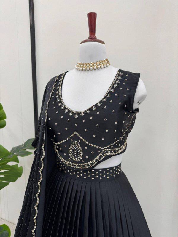 Satin Silk Hot Fix work Black Party Wear Lehenga Choli Set