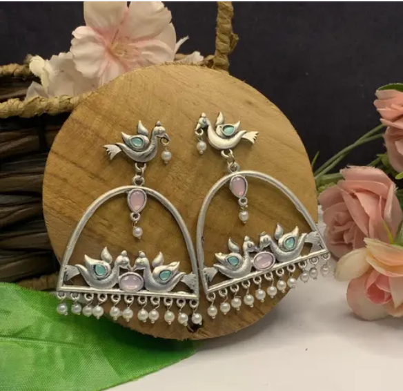 Ethnic Silver Plated Kundan Bird Earring