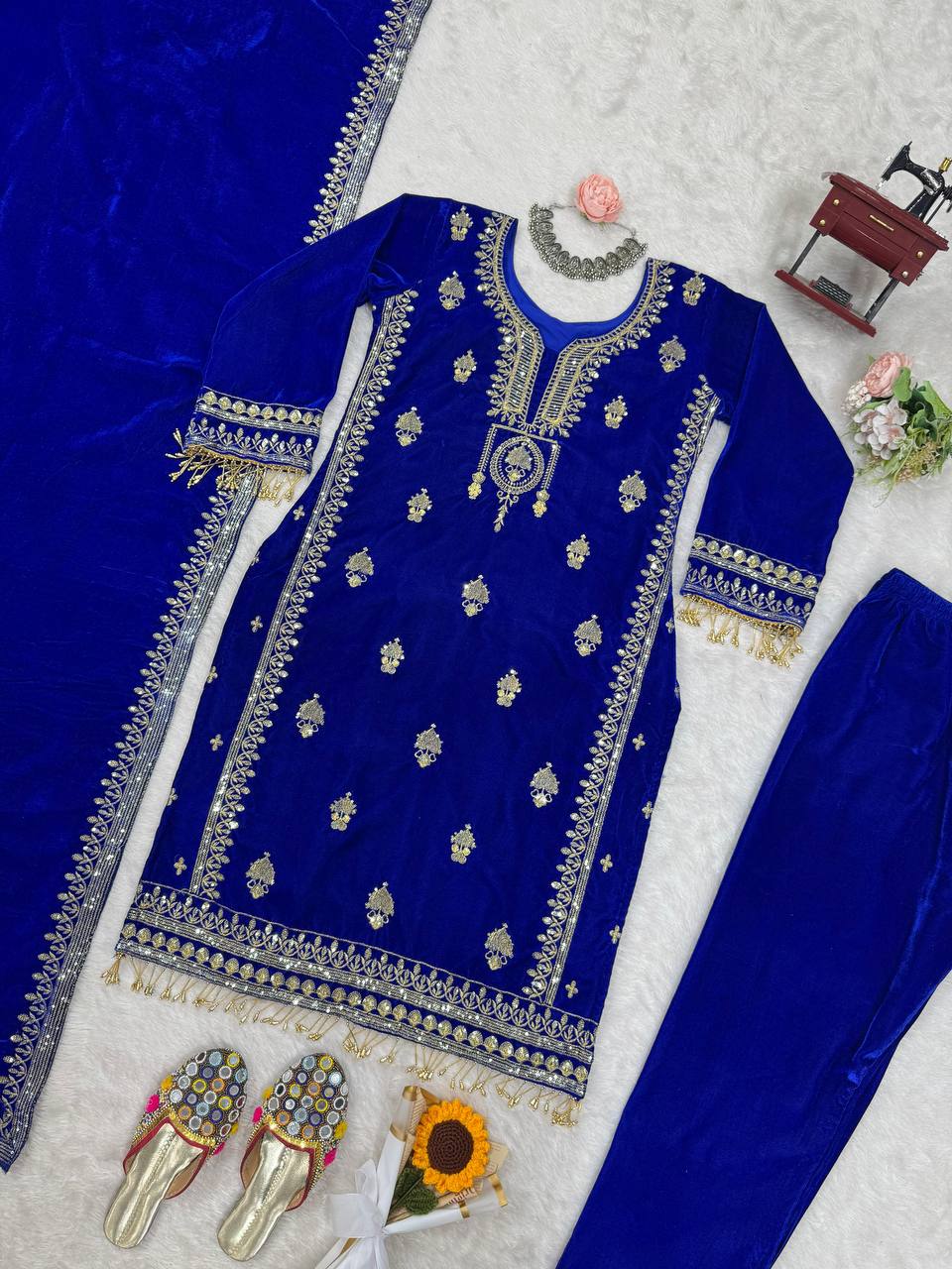  luxurious viscose velvet top pent dupatta set