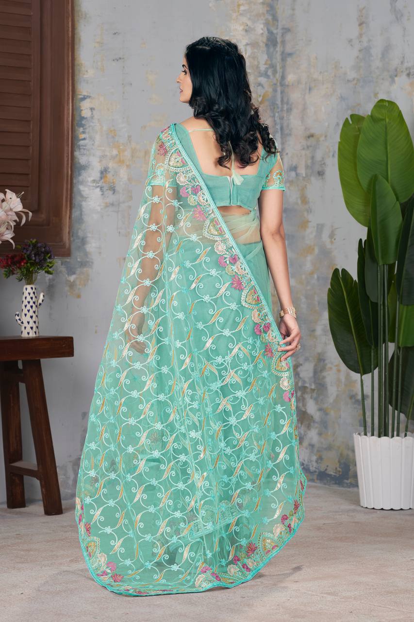  Butterfly Net saree, featuring exquisite designer chain stitch (Aari) embroidery 