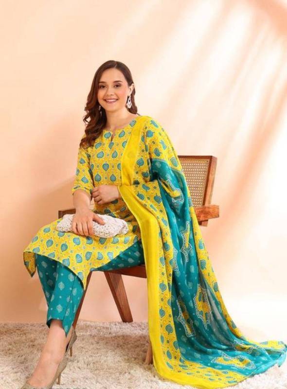 Women's Poly Rayon Foil Print Straight Kurta With Pant & Dupatta