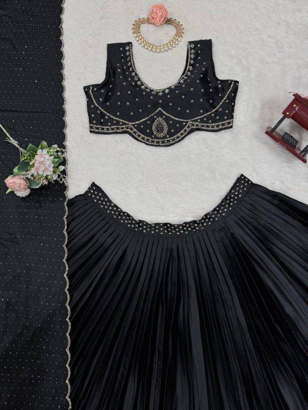 Satin Silk Hot Fix work Black Party Wear Lehenga Choli Set