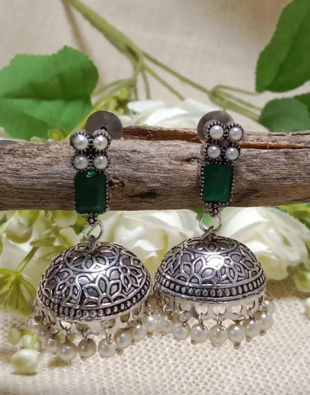 Beautiful Oxidise Silver Green Stone Jhumka For Girl And Women