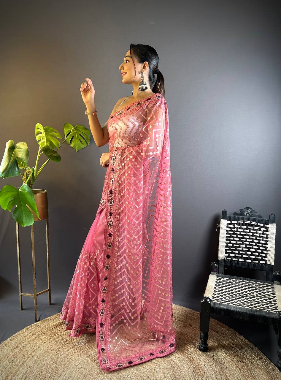 Butterfly Net saree, meticulously crafted with designer chain stitch embroidery