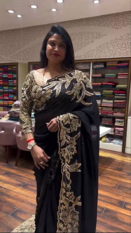  Tabby Silk Embroidery Sequence Cut Work Saree