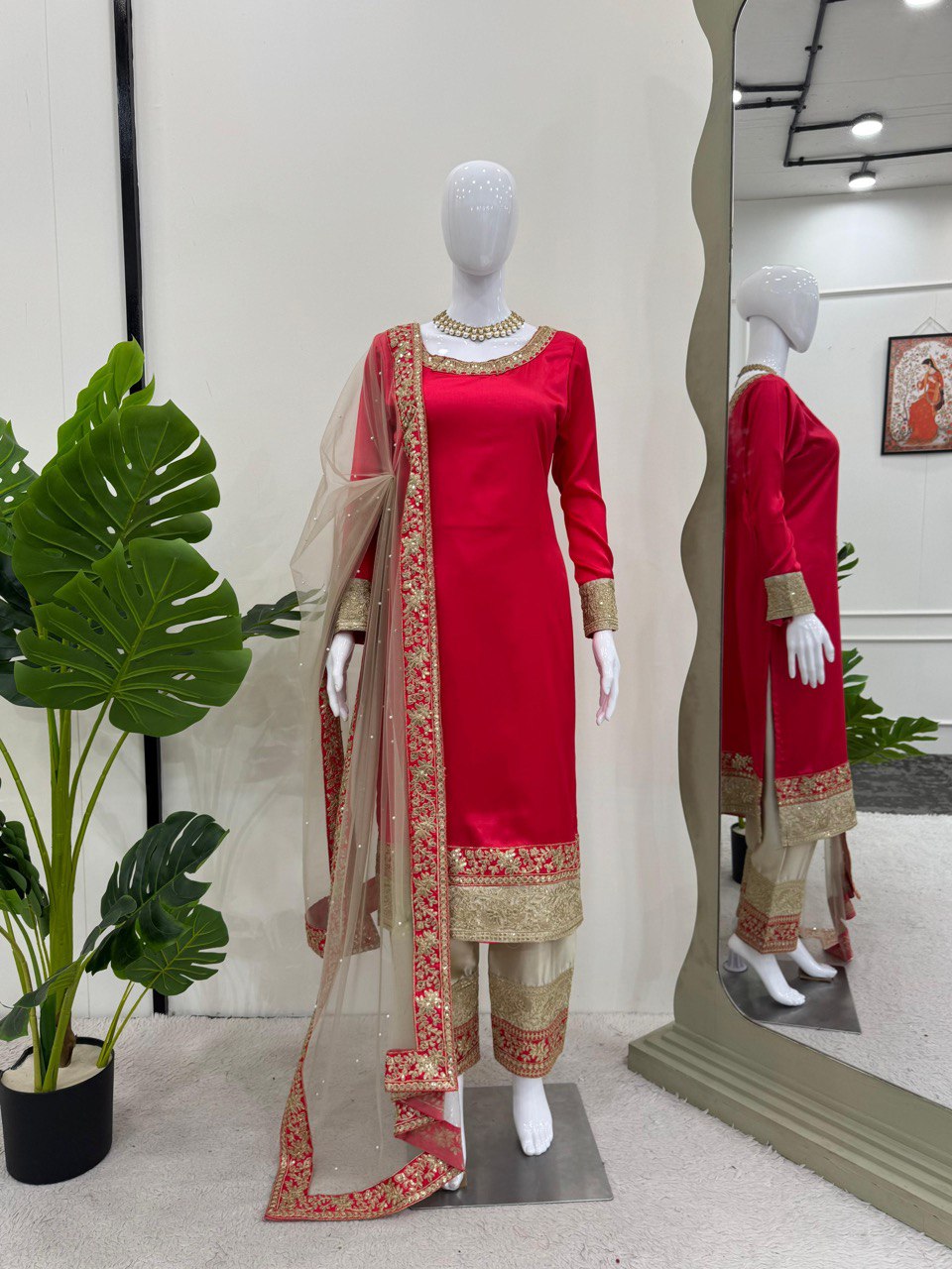 Satin Silk Set featuring a  designed top, pent, papatta