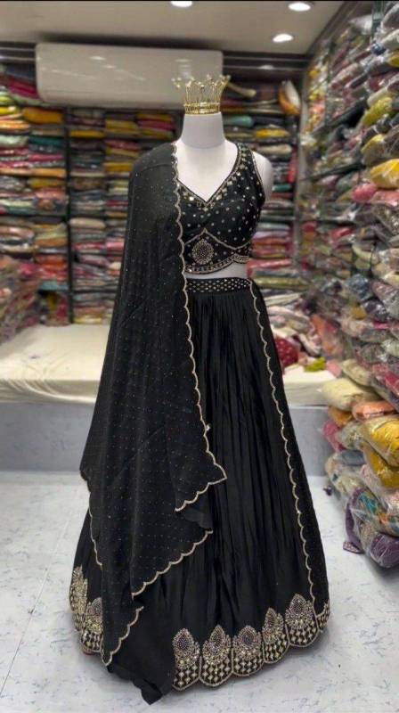 Satin Silk Hot Fix work Black Party Wear Lehenga Choli Set