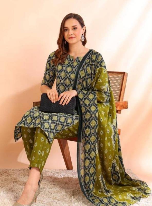 Women's Poly Rayon Foil Print Straight Kurta With Pant & Dupatta