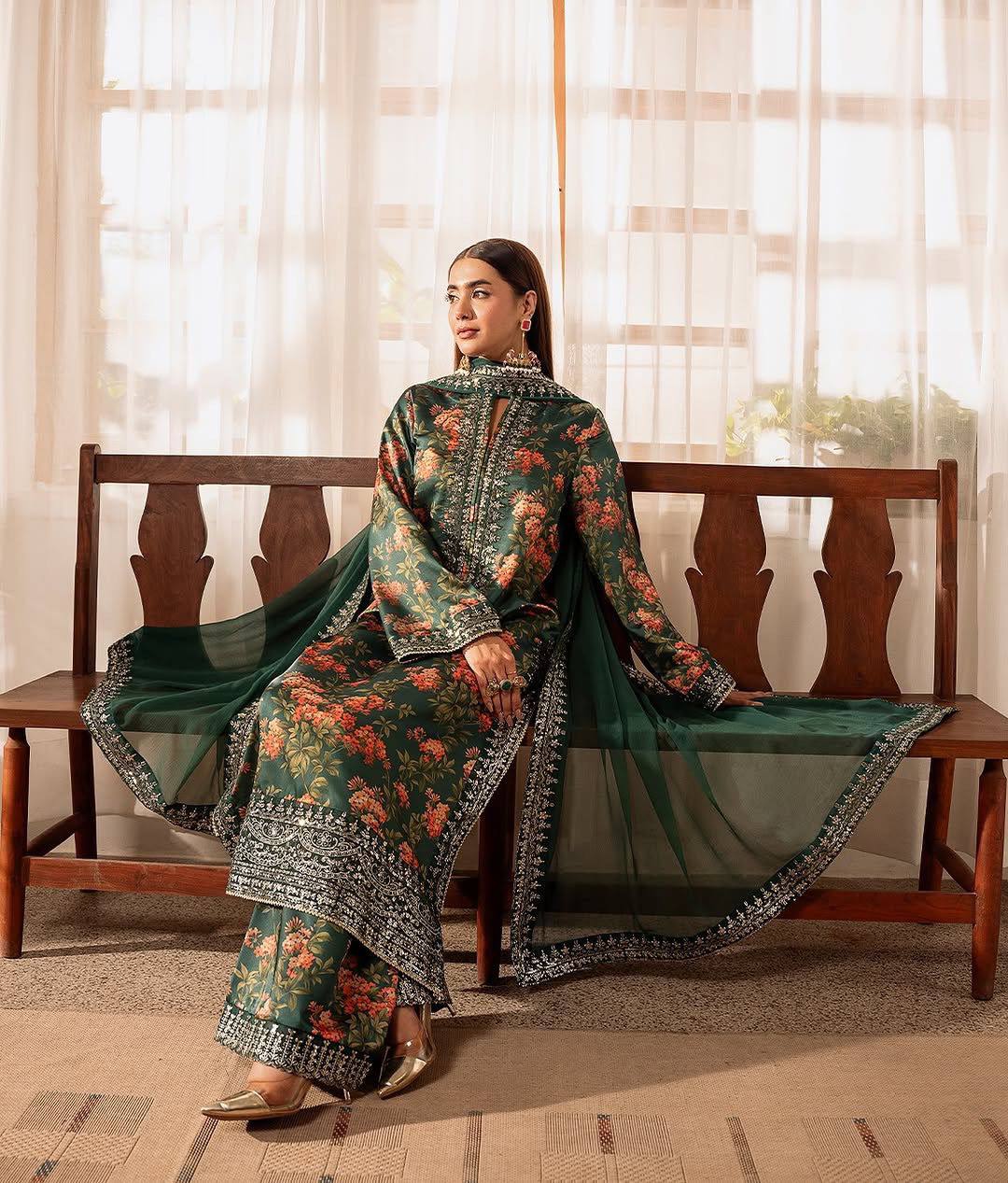  luxurious three-piece ensemble featuring a French silk top and pantwith dupatta
