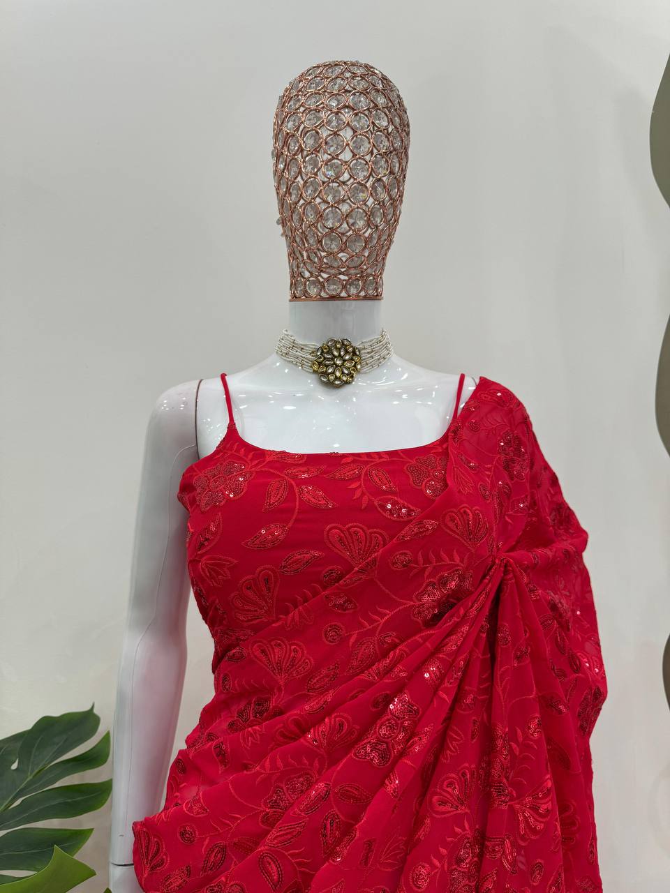  Red faux georgette Ready-to-wear Lehenga Saree