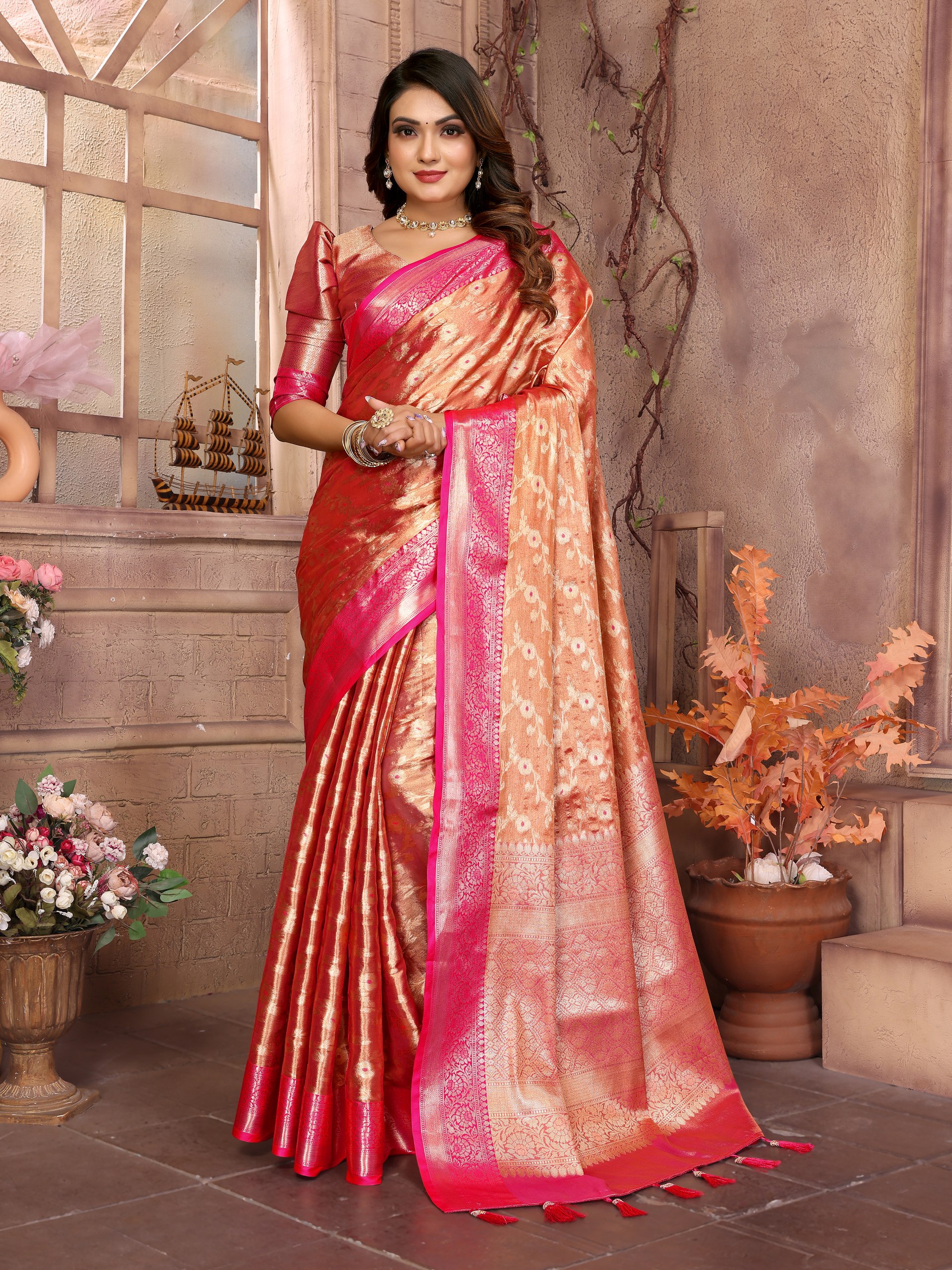 Handloom Tissue Silk Saree featuring intricate all-over Zari weaving designs
