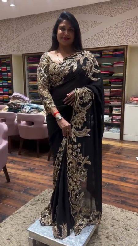  Tabby Silk Embroidery Sequence Cut Work Saree