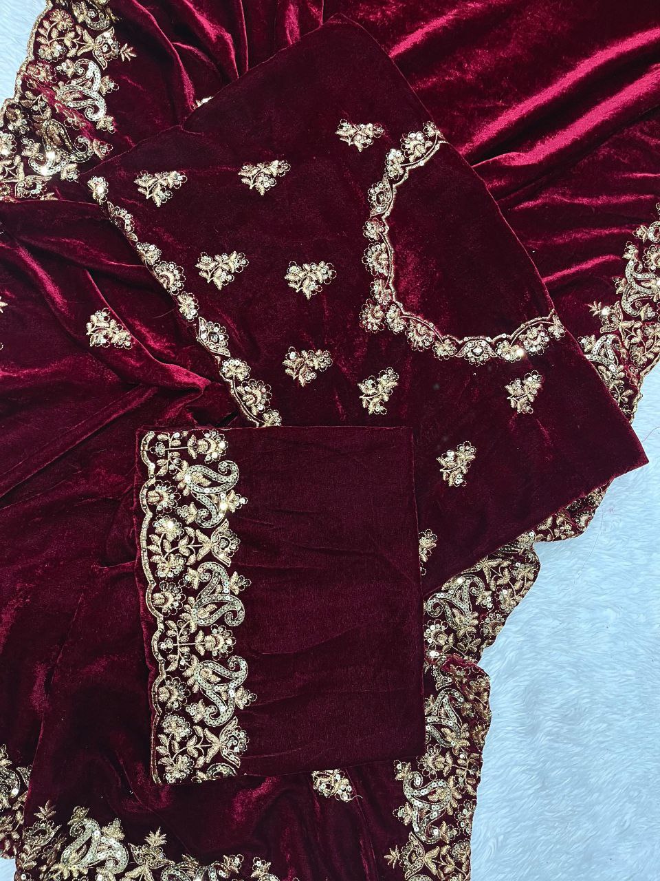 Velvet Saree showcasing opulent designer sequence and Jari thread embroidery