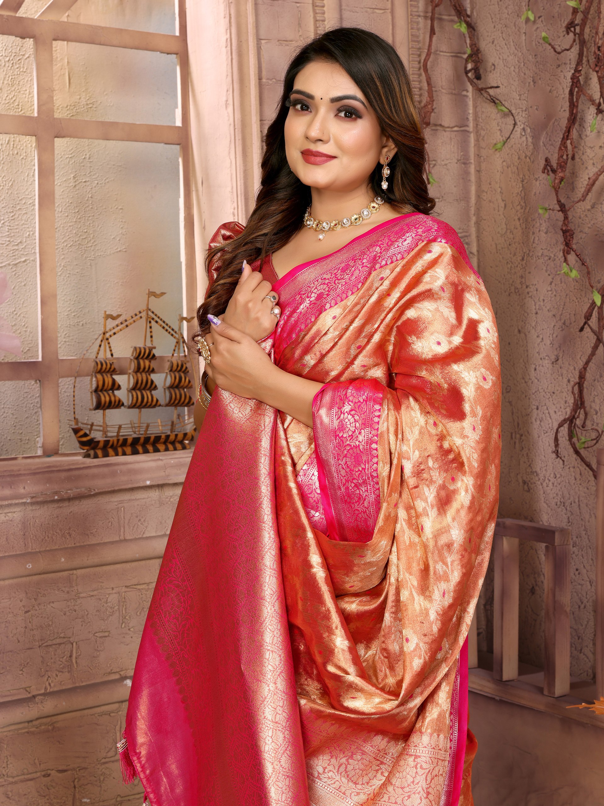 Handloom Tissue Silk Saree featuring intricate all-over Zari weaving designs