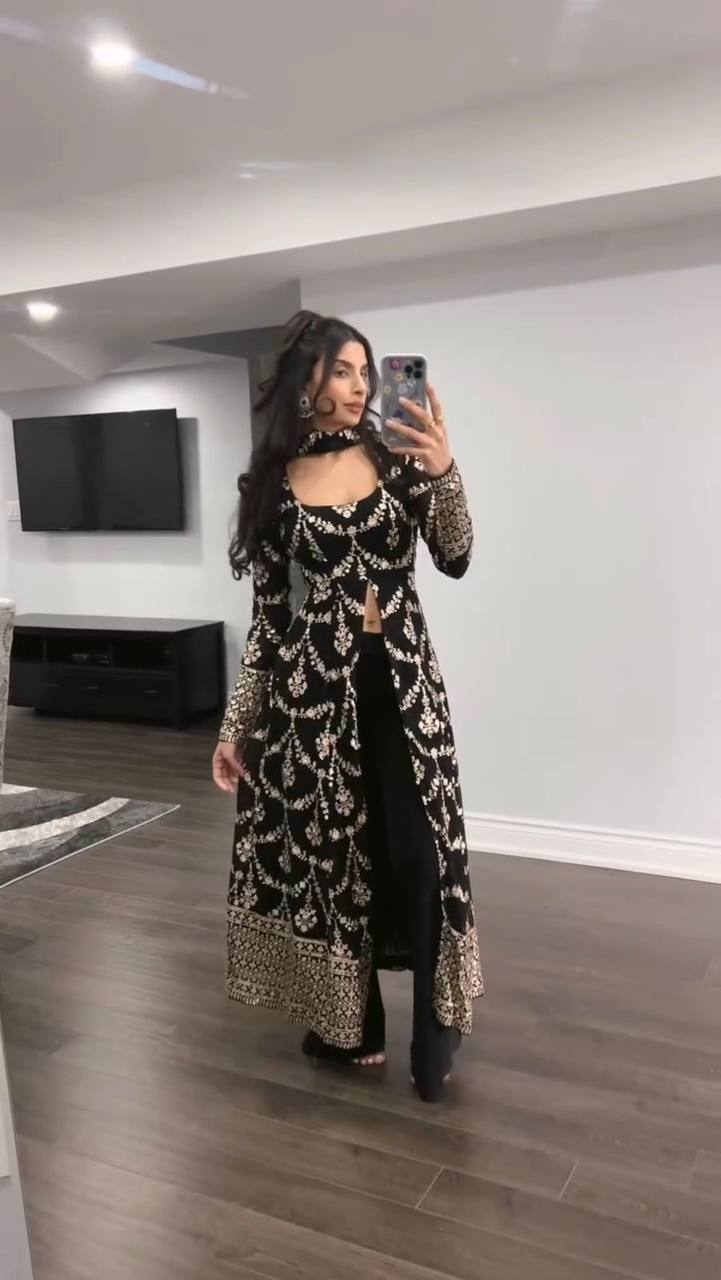 Three-piece ensemble featuring a faux georgette top pent with dupatta