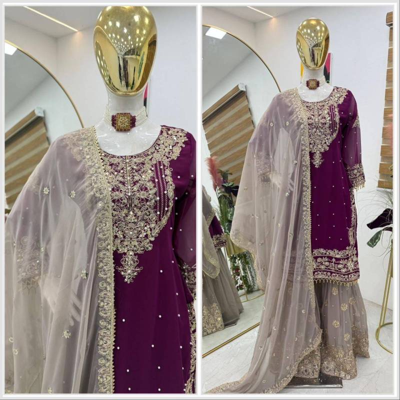 Faux Georgette sharara palazzo set features a top with real mirror and coding sequence embroidery. 